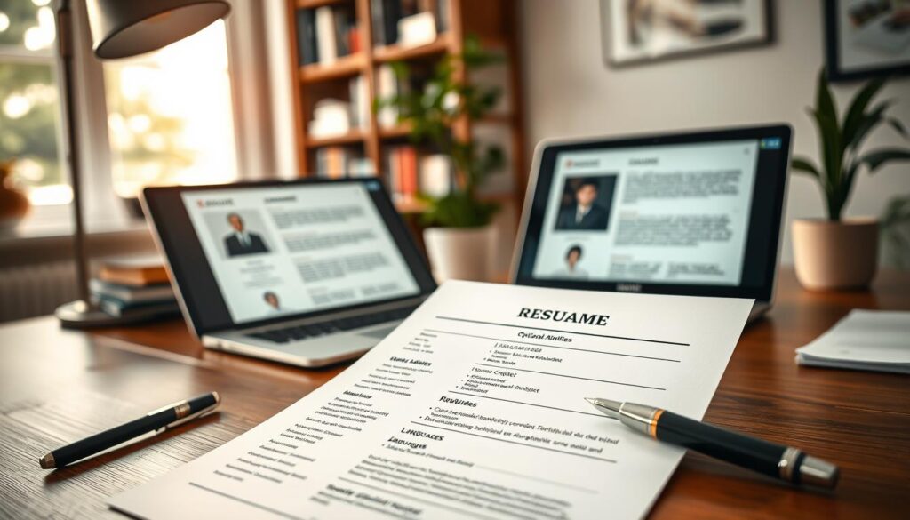 A professional, well-organized workspace depicting a polished résumé focused on the section labeled "Optionale Angaben Lebenslauf." In the foreground, a neatly arranged desk featuring a high-quality résumé printed on a fine paper, showcasing sections highlighting optional information like hobbies, personal projects, and languages. A stylish pen rests beside the résumé, suggesting an air of professionalism. In the middle, a sleek laptop is open, displaying an elegant template for a CV. The background features a soft-focus bookshelf filled with career development books and a pleasant potted plant, adding a touch of warmth. The ambiance is bright and inviting, illuminated by natural light streaming through a nearby window, shot with a Sony A7R IV at 70mm, clearly focused and sharply defined, with a polarized filter for enhanced clarity. The mood conveys professionalism and confidence.