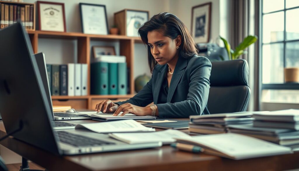 A professional workspace featuring a person in business attire, intensely engaged in corporate research for a job application. In the foreground, a sleek desk is cluttered with open laptops, notebooks, and a printed company profile, indicating thorough preparation. The middle ground shows a focused individual, a diverse professional, hair neatly styled, with a serious expression, analyzing data on the computer screen. The background features a well-organized bookshelf filled with industry-related books, framed certificates, and a soft-focus window with natural light filtering in, creating a productive atmosphere. The lighting is bright yet soft, enhancing the clarity of the scene. Shot on a Sony A7R IV, with a 70mm focal length, ensuring sharp detail and rich colors, promoting a mood of diligence and determination. A professional workspace featuring a person in business attire, intensely engaged in corporate research for a job application. In the foreground, a sleek desk is cluttered with open laptops, notebooks, and a printed company profile, indicating thorough preparation. The middle ground shows a focused individual, a diverse professional, hair neatly styled, with a serious expression, analyzing data on the computer screen. The background features a well-organized bookshelf filled with industry-related books, framed certificates, and a soft-focus window with natural light filtering in, creating a productive atmosphere. The lighting is bright yet soft, enhancing the clarity of the scene. Shot on a Sony A7R IV, with a 70mm focal length, ensuring sharp detail and rich colors, promoting a mood of diligence and determination.