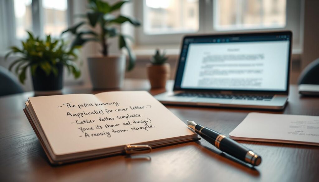 A professional workspace featuring a sleek desk with an open notebook displaying neatly written notes about the "perfect summary" for application letters. In the foreground, a polished fountain pen rests next to the notebook, symbolizing precision and professionalism. The middle ground showcases a well-organized workspace with a laptop open to a template for a cover letter, complemented by a potted plant adding a touch of greenery. In the background, a soft-focus window allows gentle, diffused natural light to illuminate the scene, creating a warm and inviting atmosphere. The image is captured with a Sony A7R IV at 70mm, ensuring a clear focus on the elements, while a polarized filter enhances the colors, maintaining a professional and polished look throughout.