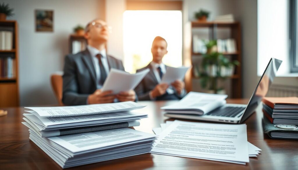 A professional workspace featuring neatly arranged components of a complete job application. In the foreground, a polished wooden desk displays a stack of well-organized documents, including a CV, cover letter, and reference letters, all in a clean layout. A stylish laptop rests beside them, with an open document showcasing a neat layout. In the middle ground, a poised individual in formal business attire, with a focused expression, reviews the documents. The background features a softly blurred office environment, with bookshelves and a potted plant, creating a professional atmosphere. The scene is lit with warm, natural light streaming through a window, captured with a Sony A7R IV at 70mm, sharply focused with a polarized filter, enhancing clarity and detail, evoking a mood of professionalism and readiness.