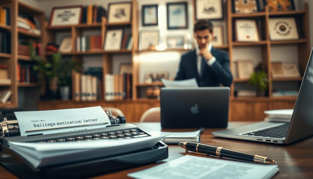 A professional workspace scene showcasing the essential components of a strong motivation letter. In the foreground, a neatly arranged desk features a typewriter, a stack of traditional papers, an elegant pen, and a laptop displaying an open document. In the middle, a blurred view of a professional dressed in business attire, appear to thoughtfully reviewing the letter, providing a sense of structure and purpose. In the background, shelves are filled with motivational books and framed certificates, adding depth and context to the scene. The lighting is warm and inviting, with natural sunlight streaming through a window, enhanced by a polarized filter for clarity. Shot on Sony A7R IV 70mm, the image conveys a focused, inspiring atmosphere conducive to writing. A professional workspace scene showcasing the essential components of a strong motivation letter. In the foreground, a neatly arranged desk features a typewriter, a stack of traditional papers, an elegant pen, and a laptop displaying an open document. In the middle, a blurred view of a professional dressed in business attire, appear to thoughtfully reviewing the letter, providing a sense of structure and purpose. In the background, shelves are filled with motivational books and framed certificates, adding depth and context to the scene. The lighting is warm and inviting, with natural sunlight streaming through a window, enhanced by a polarized filter for clarity. Shot on Sony A7R IV 70mm, the image conveys a focused, inspiring atmosphere conducive to writing.