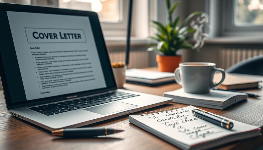 A professional workspace set up for crafting personalized cover letters. In the foreground, a close-up view of a laptop displaying a neatly formatted cover letter template. On the desk, a sleek pen and a notepad with handwritten notes for customization. In the middle background, a potted plant adds a touch of greenery, while a coffee cup steams invitingly, suggesting a comfortable work atmosphere. The scene is illuminated by soft, natural light coming from a window, enhancing the warmth of the setting. Captured with a Sony A7R IV at 70mm, the image is sharply defined and focused, inviting the viewer to engage with the theme of personalized job applications. The overall mood is professional, inspiring a sense of dedication and creativity. A professional workspace set up for crafting personalized cover letters. In the foreground, a close-up view of a laptop displaying a neatly formatted cover letter template. On the desk, a sleek pen and a notepad with handwritten notes for customization. In the middle background, a potted plant adds a touch of greenery, while a coffee cup steams invitingly, suggesting a comfortable work atmosphere. The scene is illuminated by soft, natural light coming from a window, enhancing the warmth of the setting. Captured with a Sony A7R IV at 70mm, the image is sharply defined and focused, inviting the viewer to engage with the theme of personalized job applications. The overall mood is professional, inspiring a sense of dedication and creativity.