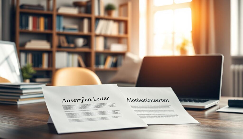 A professional workspace set up to depict the differences between a cover letter and a motivation letter. In the foreground, a neatly arranged desk holds two documents, one labeled "Anschreiben" in a classic font and the other labeled "Motivationsschreiben," both elegantly formatted and slightly separated. In the middle ground, a stylish laptop displays an open email application. In the background, a softly blurred bookshelf filled with career-related books enhances the professional atmosphere. The scene is illuminated by warm, natural light streaming through a window, creating a welcoming ambiance. This composition should capture a focused and organized mood, emphasizing clarity and professionalism. Shot on Sony A7R IV 70mm, clearly focused, sharply defined, with a polarized filter for optimal contrast. A professional workspace set up to depict the differences between a cover letter and a motivation letter. In the foreground, a neatly arranged desk holds two documents, one labeled "Anschreiben" in a classic font and the other labeled "Motivationsschreiben," both elegantly formatted and slightly separated. In the middle ground, a stylish laptop displays an open email application. In the background, a softly blurred bookshelf filled with career-related books enhances the professional atmosphere. The scene is illuminated by warm, natural light streaming through a window, creating a welcoming ambiance. This composition should capture a focused and organized mood, emphasizing clarity and professionalism. Shot on Sony A7R IV 70mm, clearly focused, sharply defined, with a polarized filter for optimal contrast.