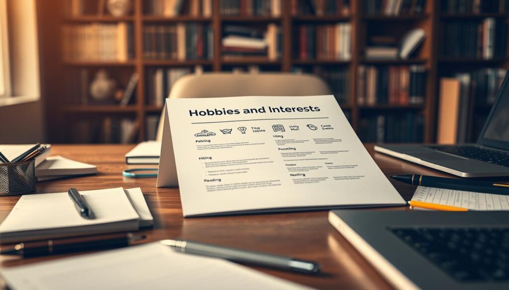 A professional workspace table, showcasing a well-organized resume containing a section labeled "Hobbies and Interests." In the foreground, neatly arranged stationery like pens, a notepad, and a laptop, indicating a diligent approach to job applications. In the middle, an open resume highlighting various hobbies such as painting, hiking, and reading, illustrated with small, stylish icons representing each interest. The background features a softly blurred bookshelf filled with books, creating a scholarly atmosphere. Shot on a Sony A7R IV, 70mm lens with a polarized filter, the lighting is warm and inviting, casting gentle shadows that add depth, creating a mood of professionalism and introspection about the significance of personal interests in a resume.