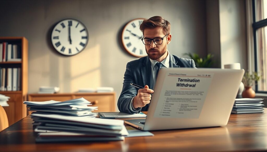 A serene office setting, featuring a large wooden desk with piles of paperwork and a modern laptop open with a document titled "Termination Withdrawal" visible on the screen. In the foreground, a focused business professional dressed in smart casual attire, holding a pen as they contemplate their decision. The middle ground displays an elegant wall clock indicating time passing, symbolizing urgency in the decision-making process. The background shows soft, natural light filtering through a large window, illuminating the space and creating a calm atmosphere. Shot on a Sony A7R IV at 70mm, with a sharp focus on the subject’s expression, using a polarized filter to enhance clarity and contrast, evoking a sense of deliberation and hope. A serene office setting, featuring a large wooden desk with piles of paperwork and a modern laptop open with a document titled "Termination Withdrawal" visible on the screen. In the foreground, a focused business professional dressed in smart casual attire, holding a pen as they contemplate their decision. The middle ground displays an elegant wall clock indicating time passing, symbolizing urgency in the decision-making process. The background shows soft, natural light filtering through a large window, illuminating the space and creating a calm atmosphere. Shot on a Sony A7R IV at 70mm, with a sharp focus on the subject’s expression, using a polarized filter to enhance clarity and contrast, evoking a sense of deliberation and hope.