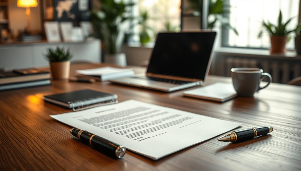 A structured, visually appealing layout of a compelling job application letter, with sections clearly defined and highlighted. The foreground features elements like a neatly placed letter on elegant stationery, with a stylish fountain pen beside it. In the middle, an organized desk with a laptop, a notepad, and a cup of coffee exudes a professional atmosphere. The background showcases a softly blurred modern office environment, with plants and warm lighting creating an inviting ambiance. The scene is shot on a Sony A7R IV at 70mm, with clear focus on the letter and desk items, enhanced by a polarized filter for crisp details. The mood is focused and motivating, conveying professionalism and competence in job applications. A structured, visually appealing layout of a compelling job application letter, with sections clearly defined and highlighted. The foreground features elements like a neatly placed letter on elegant stationery, with a stylish fountain pen beside it. In the middle, an organized desk with a laptop, a notepad, and a cup of coffee exudes a professional atmosphere. The background showcases a softly blurred modern office environment, with plants and warm lighting creating an inviting ambiance. The scene is shot on a Sony A7R IV at 70mm, with clear focus on the letter and desk items, enhanced by a polarized filter for crisp details. The mood is focused and motivating, conveying professionalism and competence in job applications.