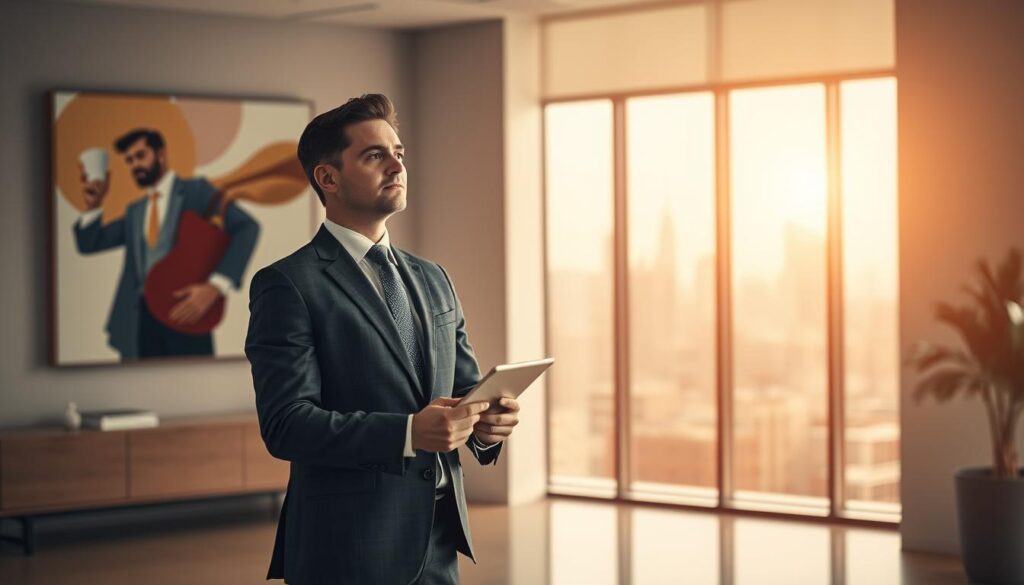 A thoughtful manager stands confidently in an elegantly designed modern office, dressed in professional business attire, symbolizing responsibility and ethical leadership. In the foreground, the manager holds a tablet, reflecting deep engagement with important decisions. In the middle ground, a large window reveals a city skyline, bathed in warm, soft natural light, suggesting hope and clarity. The background features abstract art representing moral values and integrity, subtly emphasizing the weight of leadership. The scene is captured with a Sony A7R IV at 70mm, providing clear focus and sharp details, enhanced by a polarized filter for vibrancy. The overall mood is serene yet powerful, embodying the essence of moral leadership and ethical accountability in management. A thoughtful manager stands confidently in an elegantly designed modern office, dressed in professional business attire, symbolizing responsibility and ethical leadership. In the foreground, the manager holds a tablet, reflecting deep engagement with important decisions. In the middle ground, a large window reveals a city skyline, bathed in warm, soft natural light, suggesting hope and clarity. The background features abstract art representing moral values and integrity, subtly emphasizing the weight of leadership. The scene is captured with a Sony A7R IV at 70mm, providing clear focus and sharp details, enhanced by a polarized filter for vibrancy. The overall mood is serene yet powerful, embodying the essence of moral leadership and ethical accountability in management.