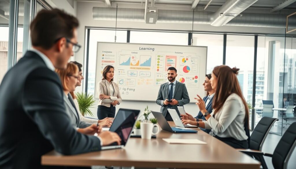 A vibrant and engaging scene depicting strategies for enhancing learning processes in a corporate environment. In the foreground, a diverse group of professionals, dressed in smart business attire, are engaged in a collaborative discussion around a modern conference table, with laptops and digital tablets. In the middle ground, a large whiteboard filled with colorful diagrams and flowcharts illustrates innovative learning strategies. The background reveals a sleek, open office space with large windows allowing ample natural light to flood in, creating a bright and inviting atmosphere. The image is sharply focused and clearly defined, shot with a Sony A7R IV at 70mm. The mood is dynamic and motivational, embodying the spirit of teamwork and creative thinking in a professional setting, enhanced by a polarized filter for vibrant colors.