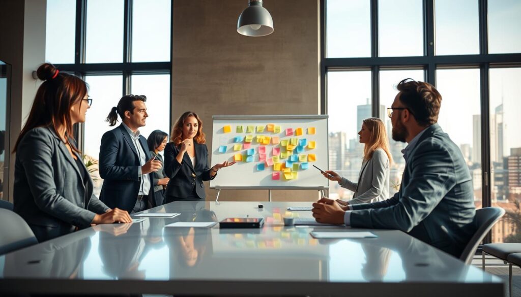 A vibrant office environment symbolizing "Unternehmenskultur" featuring a diverse group of professionals engaged in a collaborative meeting around a sleek conference table. In the foreground, a confident woman in professional attire gestures as she shares ideas, while a thoughtful man takes notes. The middle ground includes a whiteboard filled with colorful post-it notes, representing innovation and teamwork. In the background, large windows reveal a city skyline, allowing natural light to flood the space, enhancing the optimistic and dynamic atmosphere. The scene is captured with a Sony A7R IV at 70mm, ensuring sharp definition and clarity, complemented by a polarized filter to reduce glare and emphasize the vibrant colors. A vibrant office environment symbolizing "Unternehmenskultur" featuring a diverse group of professionals engaged in a collaborative meeting around a sleek conference table. In the foreground, a confident woman in professional attire gestures as she shares ideas, while a thoughtful man takes notes. The middle ground includes a whiteboard filled with colorful post-it notes, representing innovation and teamwork. In the background, large windows reveal a city skyline, allowing natural light to flood the space, enhancing the optimistic and dynamic atmosphere. The scene is captured with a Sony A7R IV at 70mm, ensuring sharp definition and clarity, complemented by a polarized filter to reduce glare and emphasize the vibrant colors.