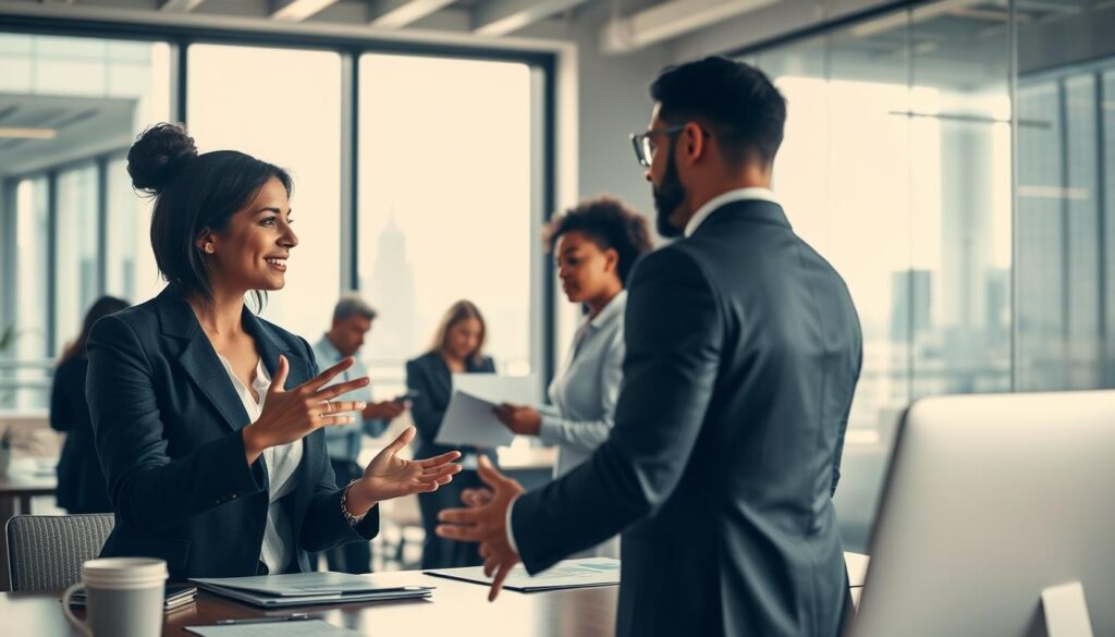 A vibrant office scene depicting a diverse group of professionals engaged in a collaborative discussion around a conference table. In the foreground, two colleagues in smart business attire, one gesturing passionately while the other listens with a supportive expression. In the middle ground, additional team members are analyzing charts and documents, all focused on finding solutions to workplace challenges. The background features a large window with natural light pouring in, creating an uplifting atmosphere, and a cityscape view on the horizon. The scene is captured with a Sony A7R IV at 70mm, resulting in a sharply defined and clearly focused image, enhanced by a polarized filter to reduce glare and bring out vivid colors. The mood conveys a sense of loyalty, unity, and professional commitment, highlighting the importance of teamwork in overcoming workplace obstacles. A vibrant office scene depicting a diverse group of professionals engaged in a collaborative discussion around a conference table. In the foreground, two colleagues in smart business attire, one gesturing passionately while the other listens with a supportive expression. In the middle ground, additional team members are analyzing charts and documents, all focused on finding solutions to workplace challenges. The background features a large window with natural light pouring in, creating an uplifting atmosphere, and a cityscape view on the horizon. The scene is captured with a Sony A7R IV at 70mm, resulting in a sharply defined and clearly focused image, enhanced by a polarized filter to reduce glare and bring out vivid colors. The mood conveys a sense of loyalty, unity, and professional commitment, highlighting the importance of teamwork in overcoming workplace obstacles.