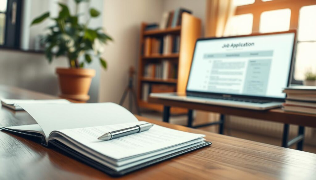 A visually enticing workspace scene depicting the essential elements of a job application. In the foreground, a neatly arranged table features a polished wooden surface with an open application folder, a sharp pen, and a pristine notepad. In the middle, a laptop displays a well-organized digital job application template, emphasizing clarity and professionalism. The background is softly blurred, showcasing a potted plant and a bookshelf filled with career development books. Bright, natural light streams in from a nearby window, creating an inviting atmosphere. The overall mood reflects professionalism and preparation, inviting the viewer to contemplate the importance of each application element. Shot on a Sony A7R IV at 70mm with a polarized filter, ensuring clear focus and sharp definition throughout. A visually enticing workspace scene depicting the essential elements of a job application. In the foreground, a neatly arranged table features a polished wooden surface with an open application folder, a sharp pen, and a pristine notepad. In the middle, a laptop displays a well-organized digital job application template, emphasizing clarity and professionalism. The background is softly blurred, showcasing a potted plant and a bookshelf filled with career development books. Bright, natural light streams in from a nearby window, creating an inviting atmosphere. The overall mood reflects professionalism and preparation, inviting the viewer to contemplate the importance of each application element. Shot on a Sony A7R IV at 70mm with a polarized filter, ensuring clear focus and sharp definition throughout.