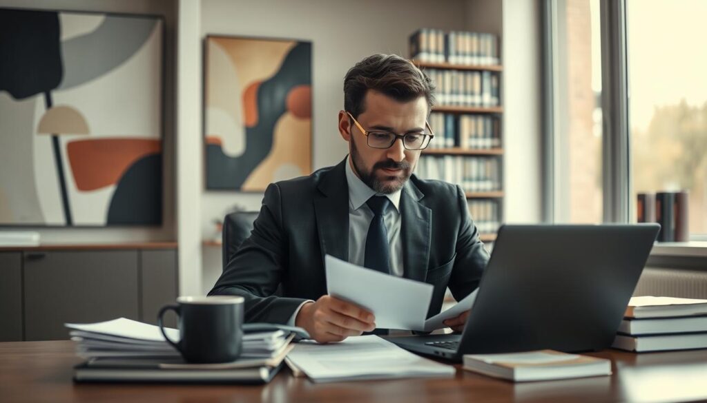 A well-dressed professional individual, seated at a modern office desk, deeply engaged in reviewing legal documents related to "Kündigungsschutzklage." The foreground features the person, dressed in business attire, with a focused expression, analyzing papers and a laptop. In the middle ground, a stack of files and a coffee cup sit on the desk, emphasizing the seriousness of the task. The background includes a well-lit office space with abstract art on the walls and bookshelves filled with law-related texts, creating a professional atmosphere. The lighting is bright and natural, coming from large windows, with a shallow depth of field to keep the focus on the subject. The image is sharply defined, shot with a Sony A7R IV at 70mm, utilizing a polarized filter to enhance clarity and detail. A well-dressed professional individual, seated at a modern office desk, deeply engaged in reviewing legal documents related to "Kündigungsschutzklage." The foreground features the person, dressed in business attire, with a focused expression, analyzing papers and a laptop. In the middle ground, a stack of files and a coffee cup sit on the desk, emphasizing the seriousness of the task. The background includes a well-lit office space with abstract art on the walls and bookshelves filled with law-related texts, creating a professional atmosphere. The lighting is bright and natural, coming from large windows, with a shallow depth of field to keep the focus on the subject. The image is sharply defined, shot with a Sony A7R IV at 70mm, utilizing a polarized filter to enhance clarity and detail.