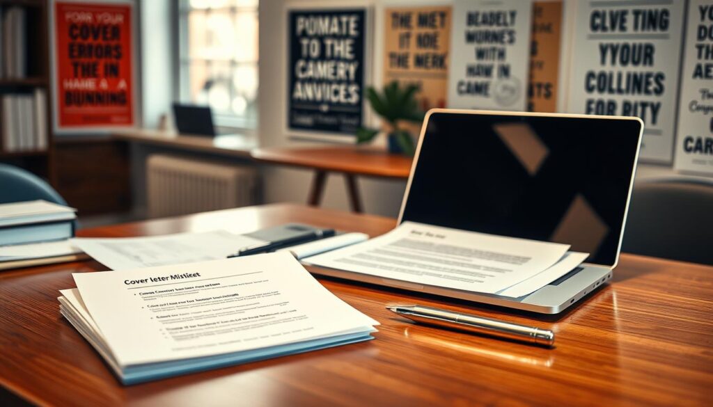 A well-organized desk scene illustrating effective cover letter tips and common mistakes. In the foreground, a polished wooden desk with a neatly arranged stack of documents featuring bullet points on common errors and best practices. A stylish laptop is open, displaying an email draft amidst a few elegant stationery items like a notepad and pen. In the middle ground, a light-filled window showcases a blurred office environment to suggest a professional setting. The background features motivational posters promoting career advice and growth. The image is captured with a Sony A7R IV at 70mm, ensuring a sharply defined focus, enhanced by a polarized filter that adds clarity. The atmosphere is one of professionalism and inspiration, inviting viewers to reflect on the significance of a compelling cover letter.