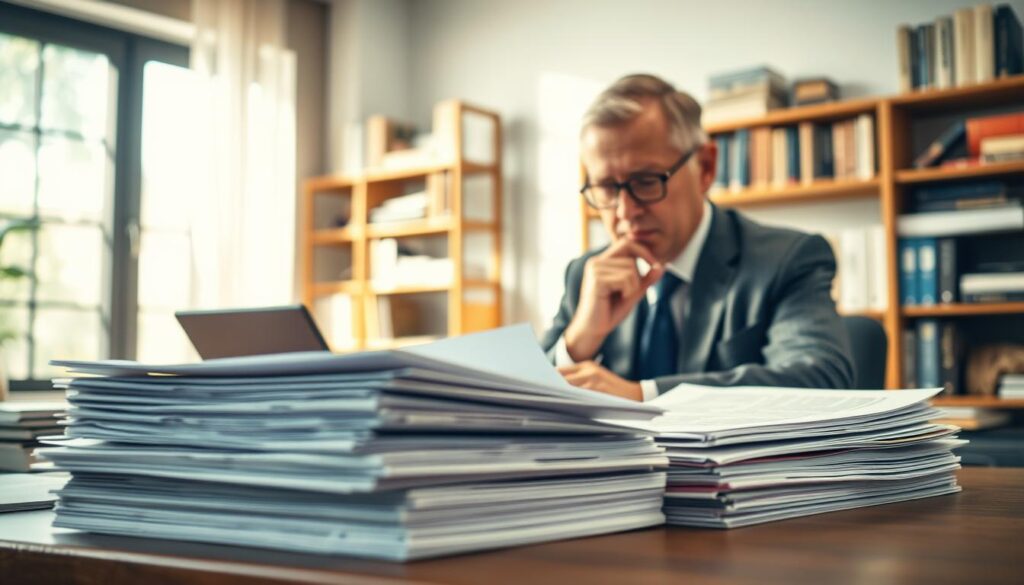 A well-organized desk scene vividly illustrating the concept of job applications and HR decision-making. In the foreground, there are neatly stacked application documents, including a resume, cover letter, and a portfolio, all displayed in a professional business setting. The middle ground features a focused HR manager, a middle-aged individual in formal attire, examining the documents with a thoughtful expression. The background includes soft-focus bookshelves filled with career and HR-related literature, enhancing the academic atmosphere. Natural light streams in from a nearby window, creating a warm and inviting ambiance. The image is captured using a Sony A7R IV at 70mm, ensuring clarity and detail with a polarized filter to reduce glare. Overall, the mood is professional and analytical, reflecting the thoroughness that goes into reviewing job applications. A well-organized desk scene vividly illustrating the concept of job applications and HR decision-making. In the foreground, there are neatly stacked application documents, including a resume, cover letter, and a portfolio, all displayed in a professional business setting. The middle ground features a focused HR manager, a middle-aged individual in formal attire, examining the documents with a thoughtful expression. The background includes soft-focus bookshelves filled with career and HR-related literature, enhancing the academic atmosphere. Natural light streams in from a nearby window, creating a warm and inviting ambiance. The image is captured using a Sony A7R IV at 70mm, ensuring clarity and detail with a polarized filter to reduce glare. Overall, the mood is professional and analytical, reflecting the thoroughness that goes into reviewing job applications.