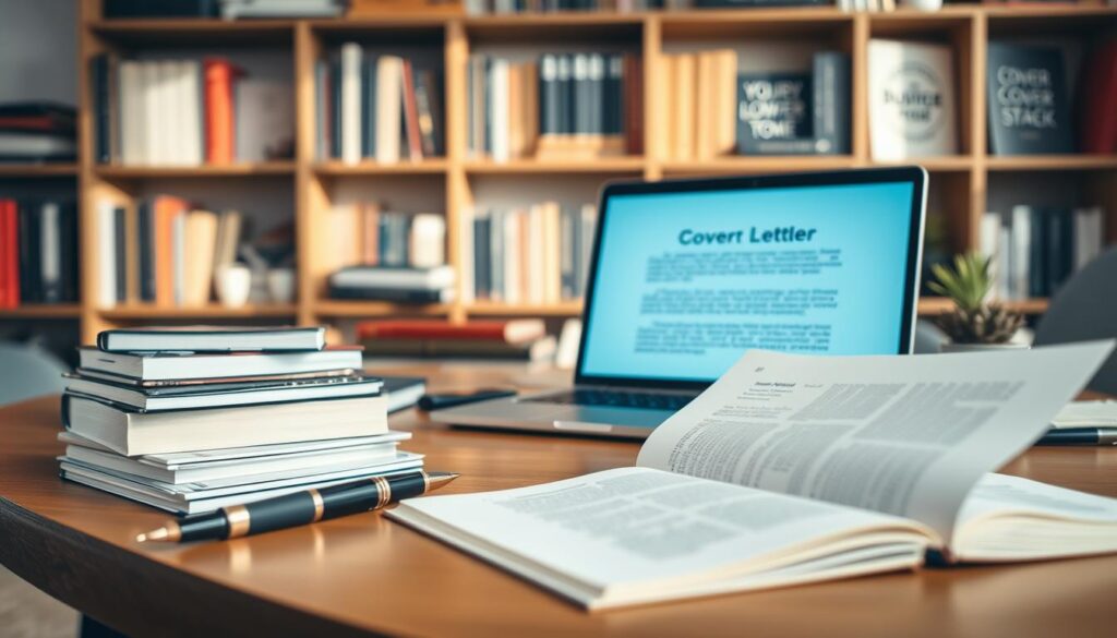 A well-organized workspace featuring a sleek wooden desk with a neatly arranged stack of professional documents, including a cover letter template and exemplary creative examples. In the foreground, place an elegant fountain pen beside an open notebook filled with notes. In the middle ground, display a laptop screen showing a well-formatted cover letter in a soft blue color scheme, with clean lines and attractive typography. The background showcases a softly blurred bookshelf filled with business books and motivational quotes. The scene is bright and inviting, illuminated by natural light streaming through a large window, creating a productive atmosphere. Shot on a Sony A7R IV, 70mm, clearly focused, sharply defined, with a polarized filter for enhanced color. A well-organized workspace featuring a sleek wooden desk with a neatly arranged stack of professional documents, including a cover letter template and exemplary creative examples. In the foreground, place an elegant fountain pen beside an open notebook filled with notes. In the middle ground, display a laptop screen showing a well-formatted cover letter in a soft blue color scheme, with clean lines and attractive typography. The background showcases a softly blurred bookshelf filled with business books and motivational quotes. The scene is bright and inviting, illuminated by natural light streaming through a large window, creating a productive atmosphere. Shot on a Sony A7R IV, 70mm, clearly focused, sharply defined, with a polarized filter for enhanced color.