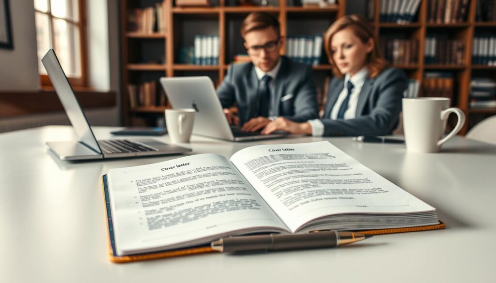 A well-structured workspace scene, depicting a modern desk with an open notebook showcasing an organized outline of a cover letter. The foreground features a neatly arranged desk with a sleek laptop, a stylish pen, and a coffee mug, all in sharp focus. In the middle background, a professional individual in business attire is thoughtfully typing on the laptop, their expression focused and engaged. The background subtly includes a bookshelf filled with business books and a window with natural light filtering through, creating a warm and inviting atmosphere. The image is shot on a Sony A7R IV with a 70mm lens, ensuring a clear and sharply defined look, utilizing a polarized filter to enhance the lighting and depth. A well-structured workspace scene, depicting a modern desk with an open notebook showcasing an organized outline of a cover letter. The foreground features a neatly arranged desk with a sleek laptop, a stylish pen, and a coffee mug, all in sharp focus. In the middle background, a professional individual in business attire is thoughtfully typing on the laptop, their expression focused and engaged. The background subtly includes a bookshelf filled with business books and a window with natural light filtering through, creating a warm and inviting atmosphere. The image is shot on a Sony A7R IV with a 70mm lens, ensuring a clear and sharply defined look, utilizing a polarized filter to enhance the lighting and depth.