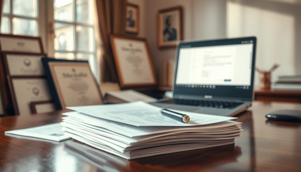 An elegant, organized workspace that showcases a collection of diplomas, certificates, and proof of qualifications prominently displayed on a polished wooden desk. In the foreground, a neatly stacked pile of documents including transcripts and reference letters is highlighted, with a professional pen resting beside them. In the middle ground, a soft-focus laptop screen displays an email application form, symbolizing the online application process. The background features a window letting in warm, natural light that enhances the ambiance and casts gentle shadows. The overall mood is professional and inviting, conveying the significance of credentials in job applications. The image is shot with a Sony A7R IV at 70mm, ensuring sharp focus and clarity, complemented by a polarized filter to reduce reflections and enhance color richness. An elegant, organized workspace that showcases a collection of diplomas, certificates, and proof of qualifications prominently displayed on a polished wooden desk. In the foreground, a neatly stacked pile of documents including transcripts and reference letters is highlighted, with a professional pen resting beside them. In the middle ground, a soft-focus laptop screen displays an email application form, symbolizing the online application process. The background features a window letting in warm, natural light that enhances the ambiance and casts gentle shadows. The overall mood is professional and inviting, conveying the significance of credentials in job applications. The image is shot with a Sony A7R IV at 70mm, ensuring sharp focus and clarity, complemented by a polarized filter to reduce reflections and enhance color richness.