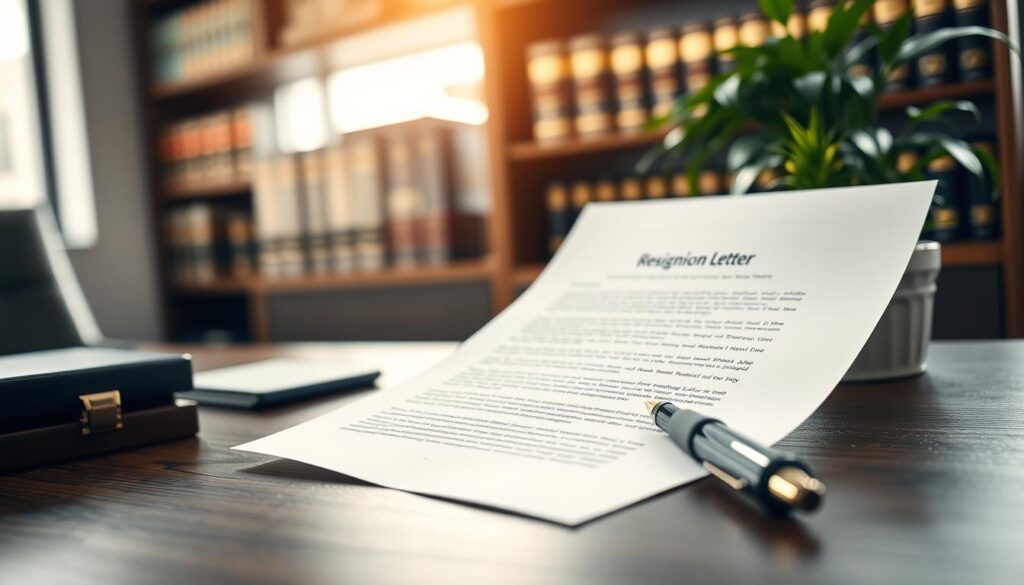 An elegantly arranged desk in a modern office setting, featuring a neatly typed resignation letter on high-quality paper with a professional layout. The letter is partially open, showcasing formal language and proper formatting. A stylish pen lies adjacent, and a potted plant adds a touch of greenery. In the background, a blurred bookshelf filled with legal and employment literature creates a sense of professionalism. Soft, natural light from a nearby window casts gentle shadows, creating a warm, inviting atmosphere. The focus is sharp, highlighting the details of the desk and the letter, with a soft bokeh effect on the background, capturing a mood of seriousness and intention. Shot on Sony A7R IV at 70mm with a polarized filter for clarity. An elegantly arranged desk in a modern office setting, featuring a neatly typed resignation letter on high-quality paper with a professional layout. The letter is partially open, showcasing formal language and proper formatting. A stylish pen lies adjacent, and a potted plant adds a touch of greenery. In the background, a blurred bookshelf filled with legal and employment literature creates a sense of professionalism. Soft, natural light from a nearby window casts gentle shadows, creating a warm, inviting atmosphere. The focus is sharp, highlighting the details of the desk and the letter, with a soft bokeh effect on the background, capturing a mood of seriousness and intention. Shot on Sony A7R IV at 70mm with a polarized filter for clarity.