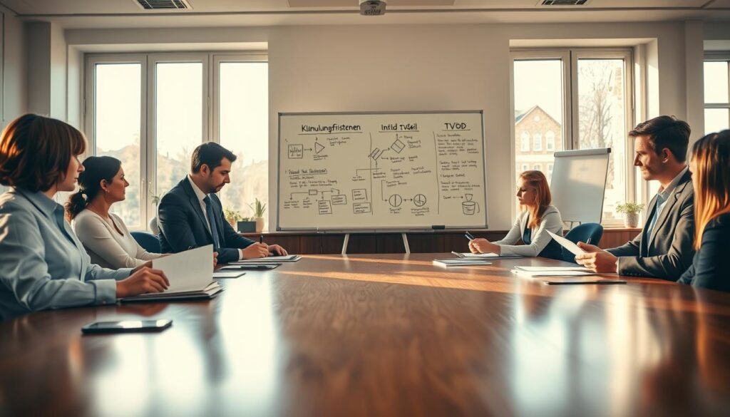 An office setting with a polished wooden conference table at the forefront, surrounded by professionals in business attire attentively reviewing documents. The middle ground features a whiteboard filled with diagrams and notes about "Kündigungsfristen" and TVöD regulations, emphasizing clarity and organization. In the background, large windows allow soft natural light to fill the room, casting warm shadows. The atmosphere is one of concentration and professionalism, underscoring the importance of understanding legal frameworks. The image is shot on a Sony A7R IV with a 70mm lens, ensuring crisp detail and a focus on the subjects while using a polarized filter to enhance colors and reduce glare. No text or watermarks are present. An office setting with a polished wooden conference table at the forefront, surrounded by professionals in business attire attentively reviewing documents. The middle ground features a whiteboard filled with diagrams and notes about "Kündigungsfristen" and TVöD regulations, emphasizing clarity and organization. In the background, large windows allow soft natural light to fill the room, casting warm shadows. The atmosphere is one of concentration and professionalism, underscoring the importance of understanding legal frameworks. The image is shot on a Sony A7R IV with a 70mm lens, ensuring crisp detail and a focus on the subjects while using a polarized filter to enhance colors and reduce glare. No text or watermarks are present.