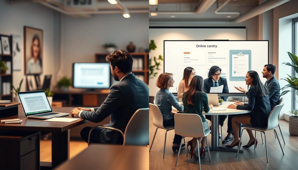 An organized workspace split into two halves, illustrating the choice between email applications and online forms. On the left, a neatly arranged desk featuring a laptop displaying an email interface, with a professional-looking individual in business attire, focused on their screen. On the right, a sleek computer monitor showing an online application form, with a diverse group of professionals discussing the form, seated around a table dressed in smart casual attire. The background is softly blurred to emphasize the two contrasting methods. The lighting is bright and inviting, giving a warm but professional atmosphere. Shot on Sony A7R IV at 70mm, clearly focused with sharp detail, utilizing a polarized filter for vibrant colors. An organized workspace split into two halves, illustrating the choice between email applications and online forms. On the left, a neatly arranged desk featuring a laptop displaying an email interface, with a professional-looking individual in business attire, focused on their screen. On the right, a sleek computer monitor showing an online application form, with a diverse group of professionals discussing the form, seated around a table dressed in smart casual attire. The background is softly blurred to emphasize the two contrasting methods. The lighting is bright and inviting, giving a warm but professional atmosphere. Shot on Sony A7R IV at 70mm, clearly focused with sharp detail, utilizing a polarized filter for vibrant colors.
